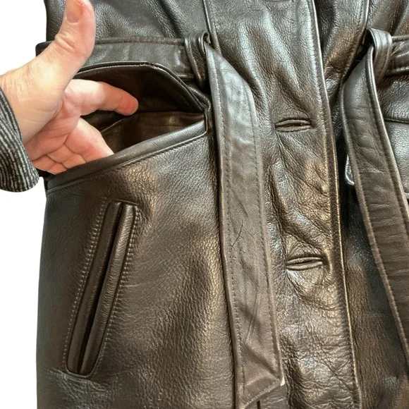 Vintage TW Tannery West Womens Med Black Lined Leather Belted Jacket Hipster Y2K - Picture 6 of 14